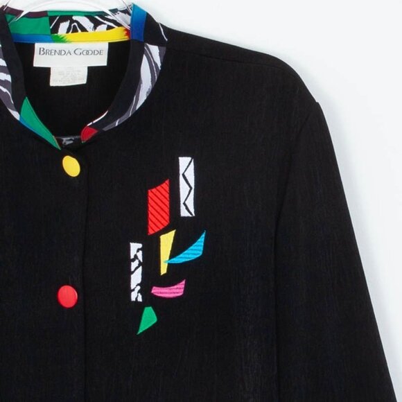 Vintage Brenda Goode Womens Button Down Tunic Shirt Size L Black Artsy Lagenlook - Picture 2 of 10